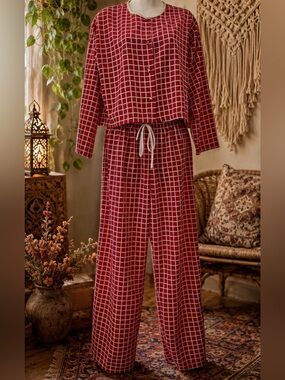 Vintage Y2K Josie by Natori Red Windowpane Pajama Lounge Set Medium